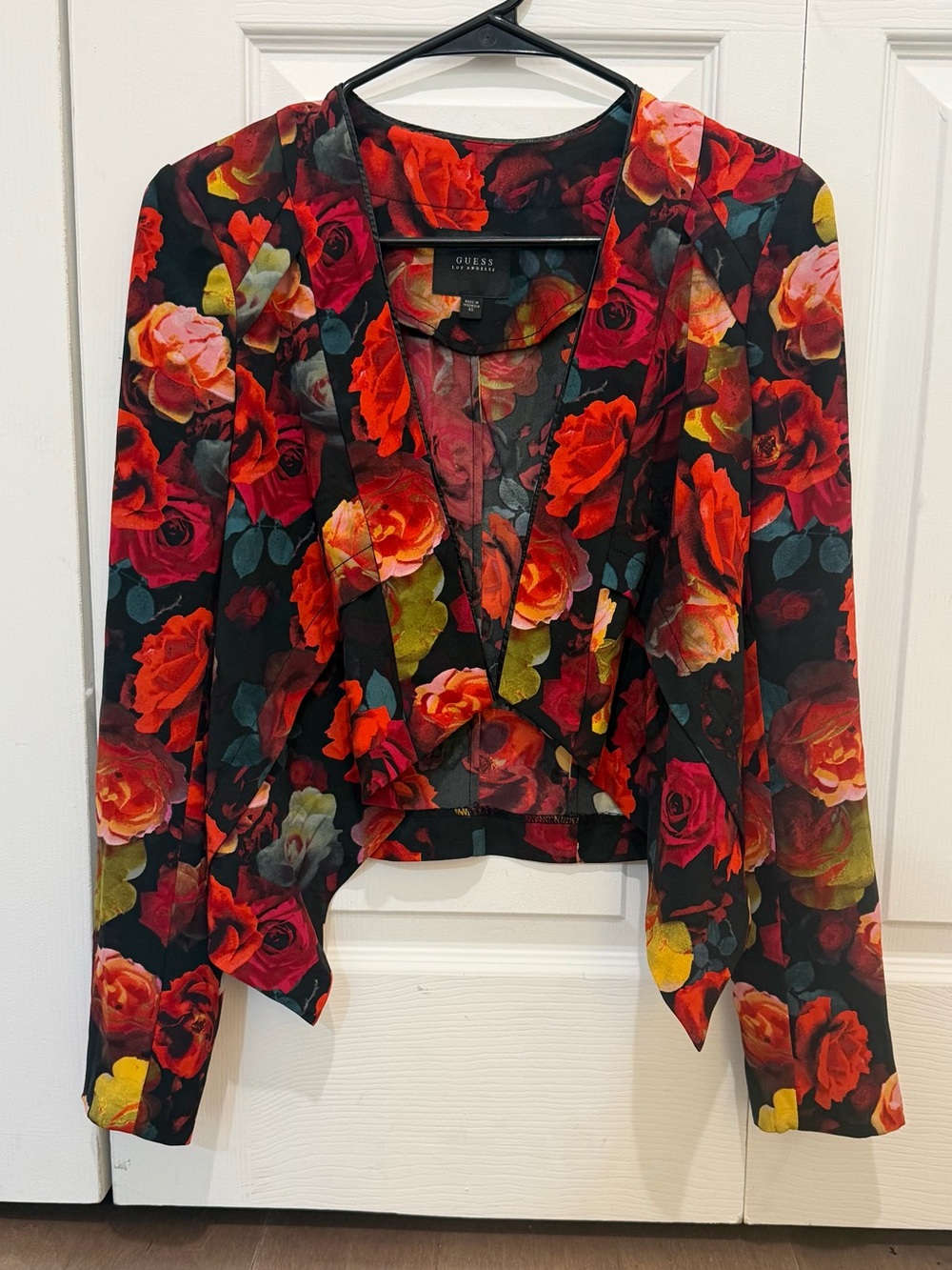 Guess Black Cropped Blazer with Red Rose Floral Print